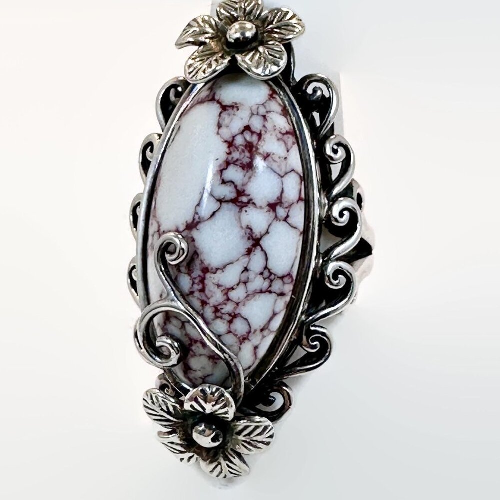 Statement Ring, Wild Horse Turquoise, Sterling Silver, Magnesite, Flowers - Picture 4 of 7